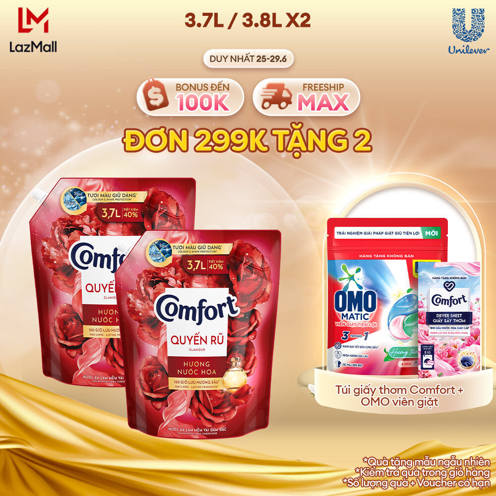 Combo 2 Túi Nước Xả Vải Comfort Đậm Đặc Hương Nước Hoa Thiên Nhiên Quyến Rũ 3.8L