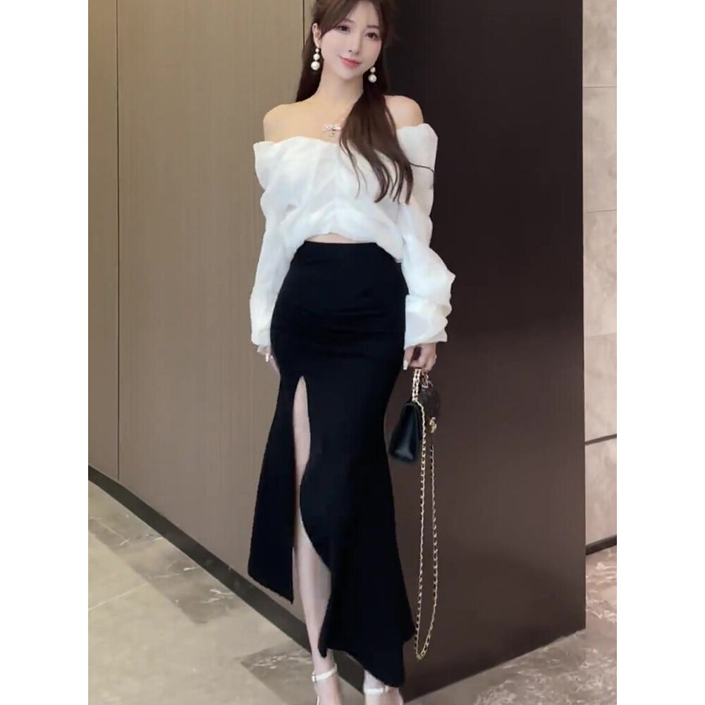 Váy Dài Không Đều Màu Đen Gợi Cảm Cho Nữ Mùa Xuân Mới Thiết Kế Cá Tính Váy Đuôi Cá Xếp Ly Cao Cấp Có
