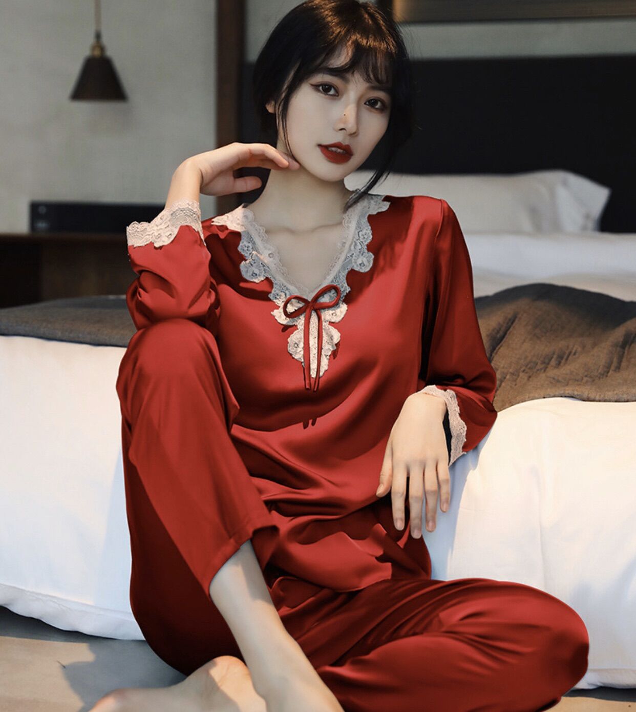 Bộ đồ lụa mặc ngủ, mặc nhà phối ren cao cấp- C98