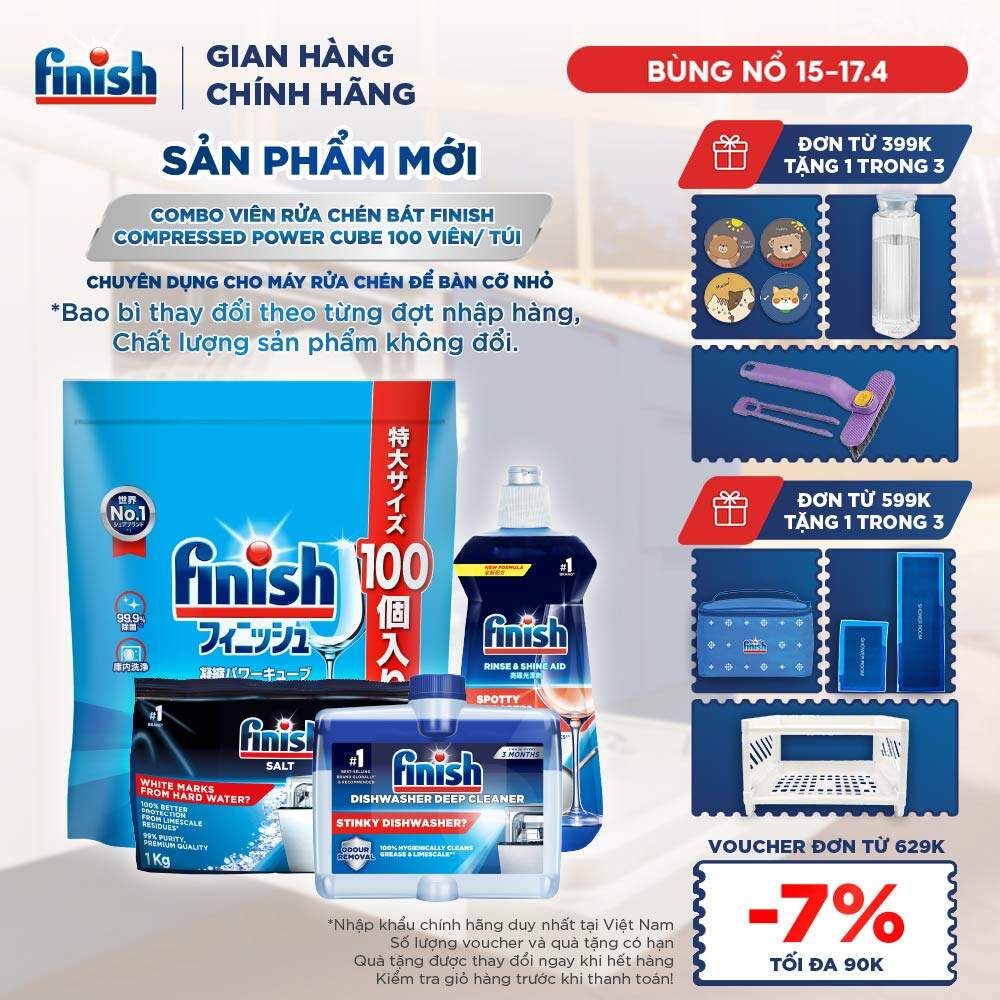 Combo Finish: Viên Rửa Chén Finish Nhật Bản Power Cube 100 Viên + Nước bóng + Dung dịch vệ sinh máy + Muối 1kg