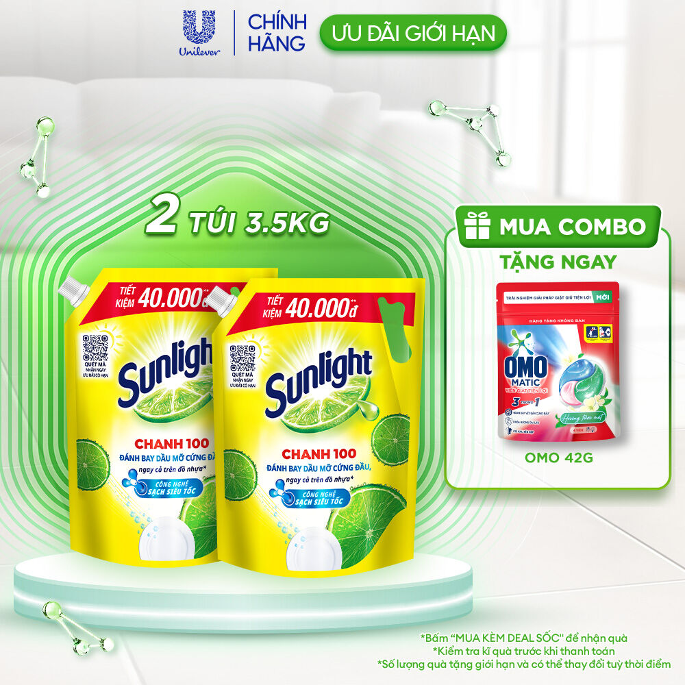 Nước Rửa Chén Bát Sunlight Chanh 100 Sạch Nhanh Xả Bọt Nhanh Rửa Sạch Dầu Mỡ | Túi 3.5KG/3.1KG