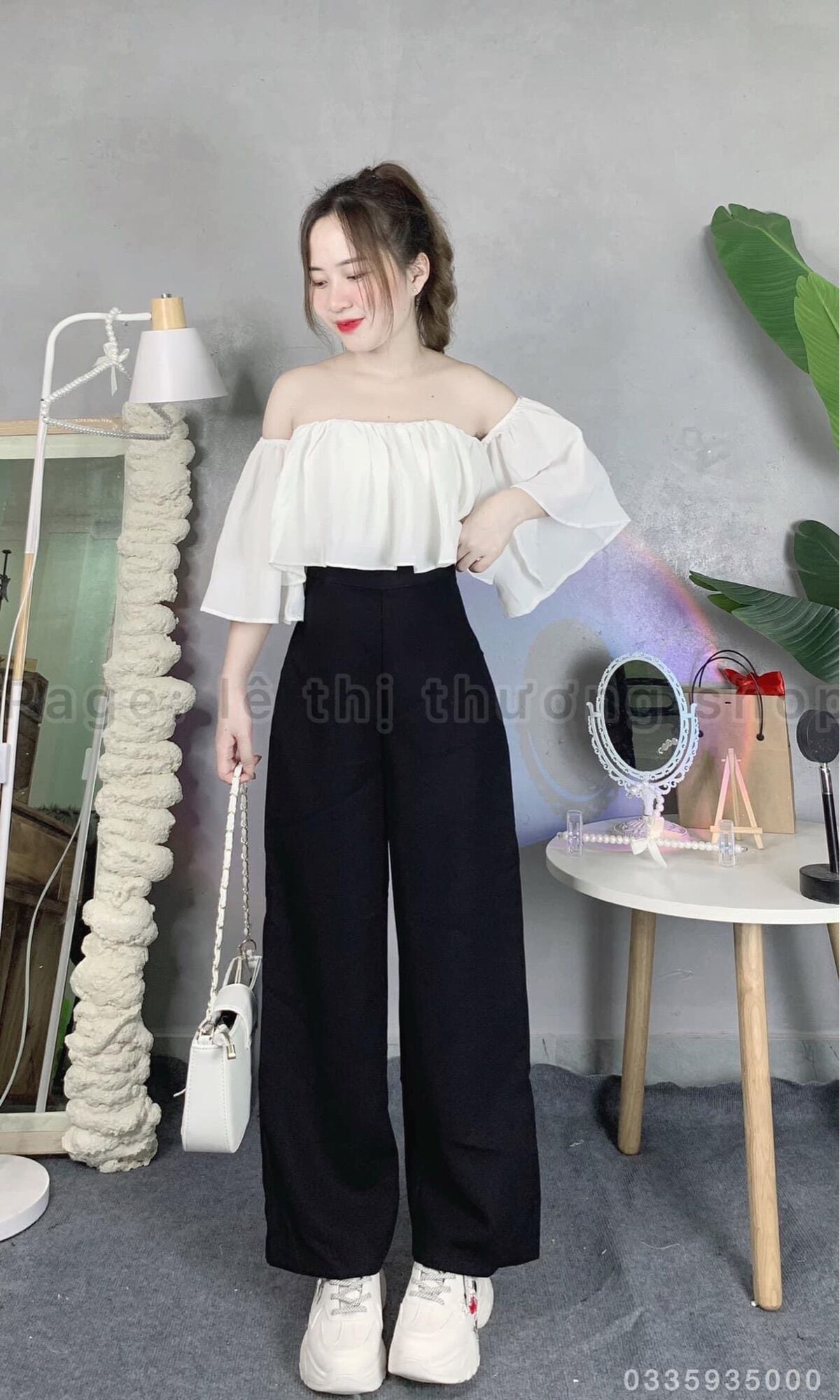 Set quần suông + áo rớt vai bèo
