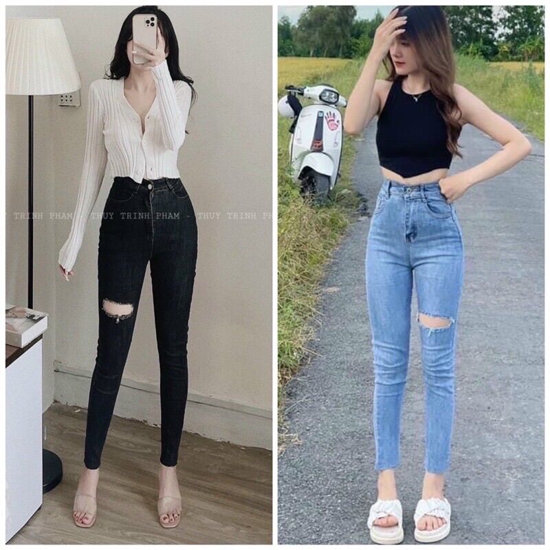 Quần jeans ôm co giãn rách bên đùi