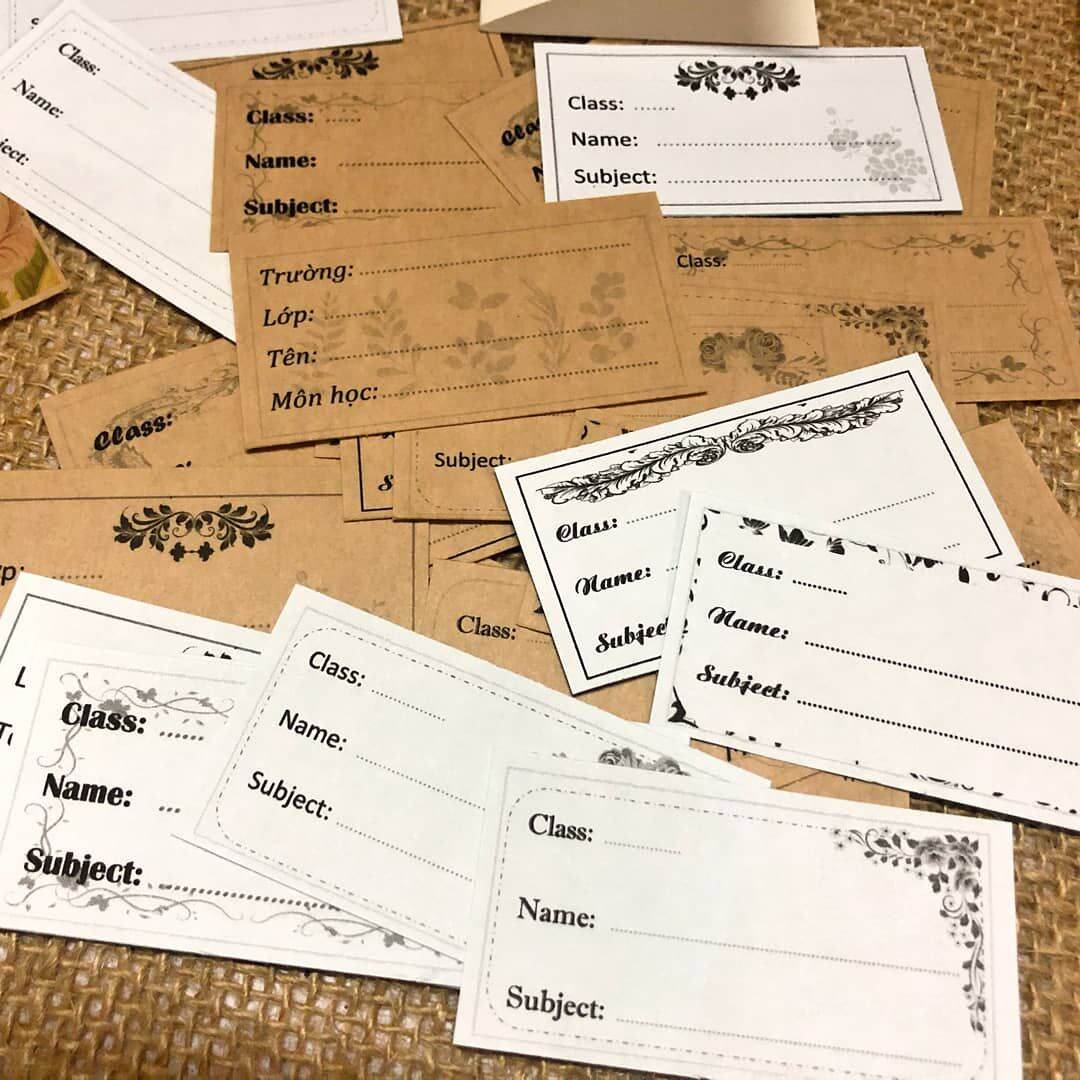 48 nhãn vở name tag vintage hoạ tiết cổ điển mix trắng và nâu kraft