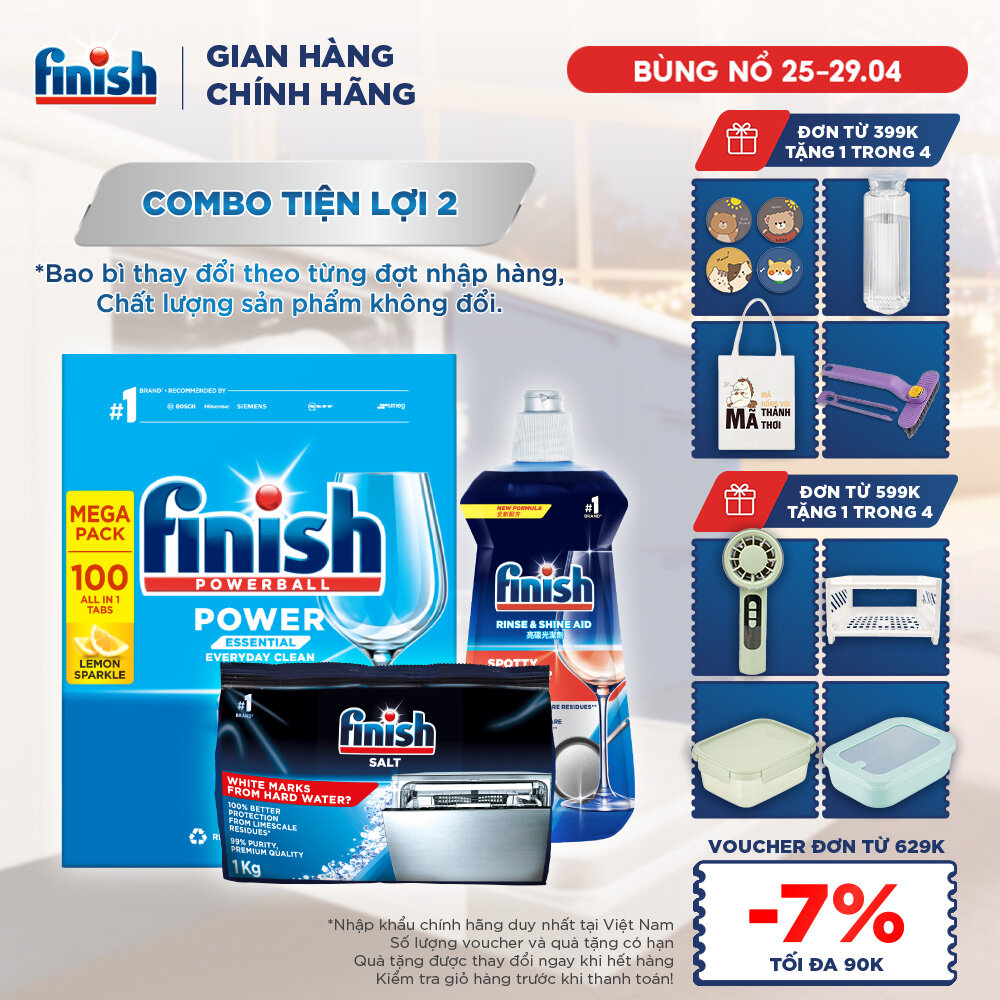 Combo Finish tiện lợi 2: Hộp 100 Viên Rửa Bát Finish Essential + Nước Làm Bóng 500ml + Muối Rửa Chén