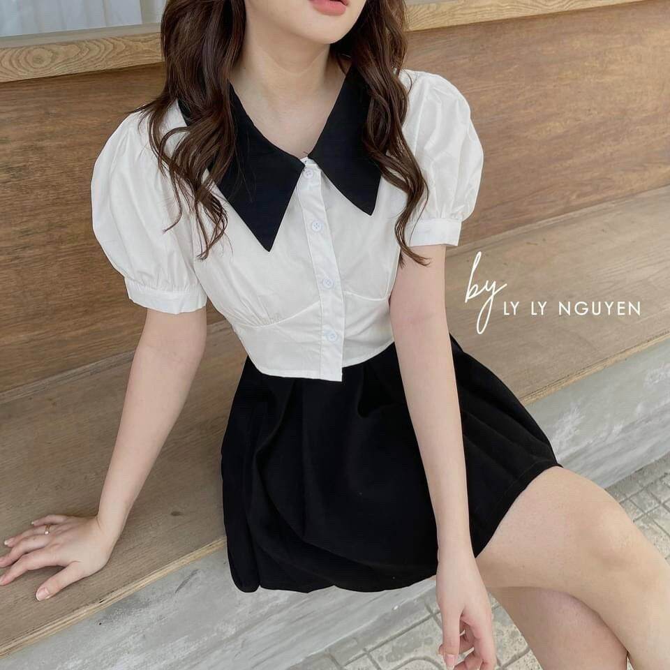 Áo sơ mi nữ croptop ôm eo áo sơ mi cổ phối màu áo vải kate nhật form 46kg