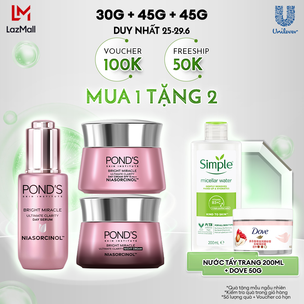 Combo Serum và 2 Kem dưỡng sáng da đa tầng ngày Pond's Bright Miracle mờ thâm sạm với 50X Niasorcinol 30G+45G+45G (bao bì tùy thuộc lô nhập hàng)