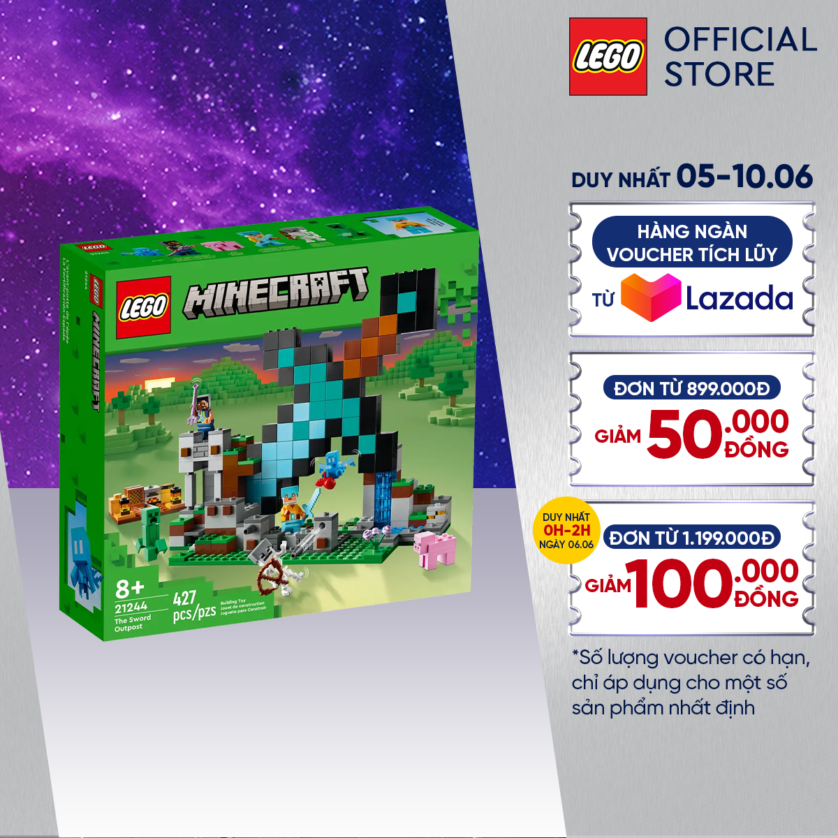 Lego minecraft 21244 đồ chơi lắp ráp tiền đồn cất giữ kiếm kim cương