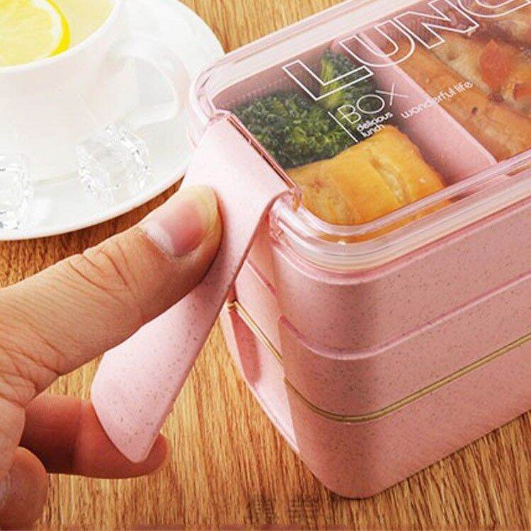 Hộp cơm 3 tầng làm từ lúa mạch 900ml (tặng kèm muỗng nĩa)