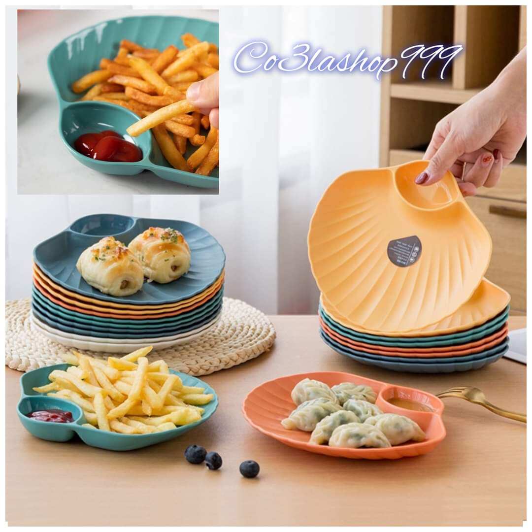 Dĩa đựng bánh, trái cây, thức ăn hình vỏ sò, có ngăn chấm gia vị tiện lợi nhựa PP