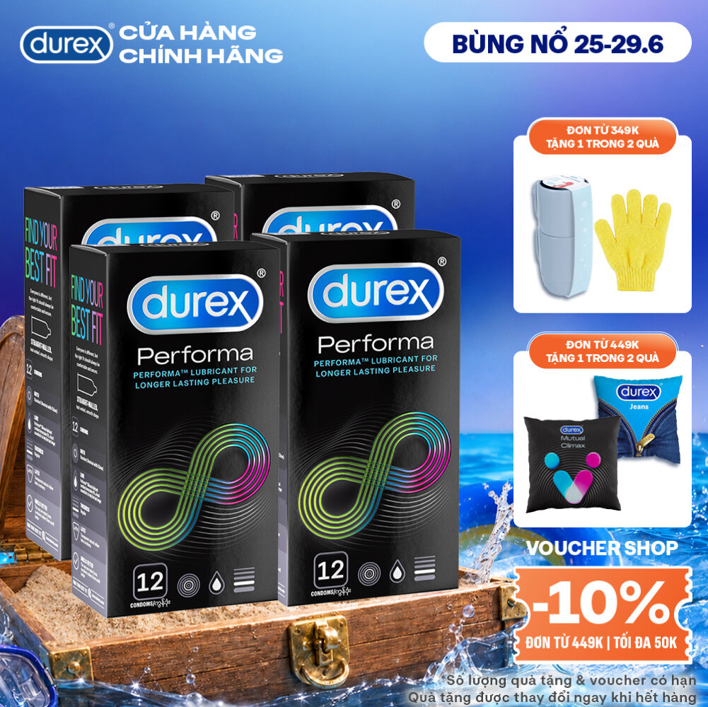 Bộ 4 hộp bao cao su Durex Performa kéo dài thời gian, size 52mm, 12 bao/hộp
