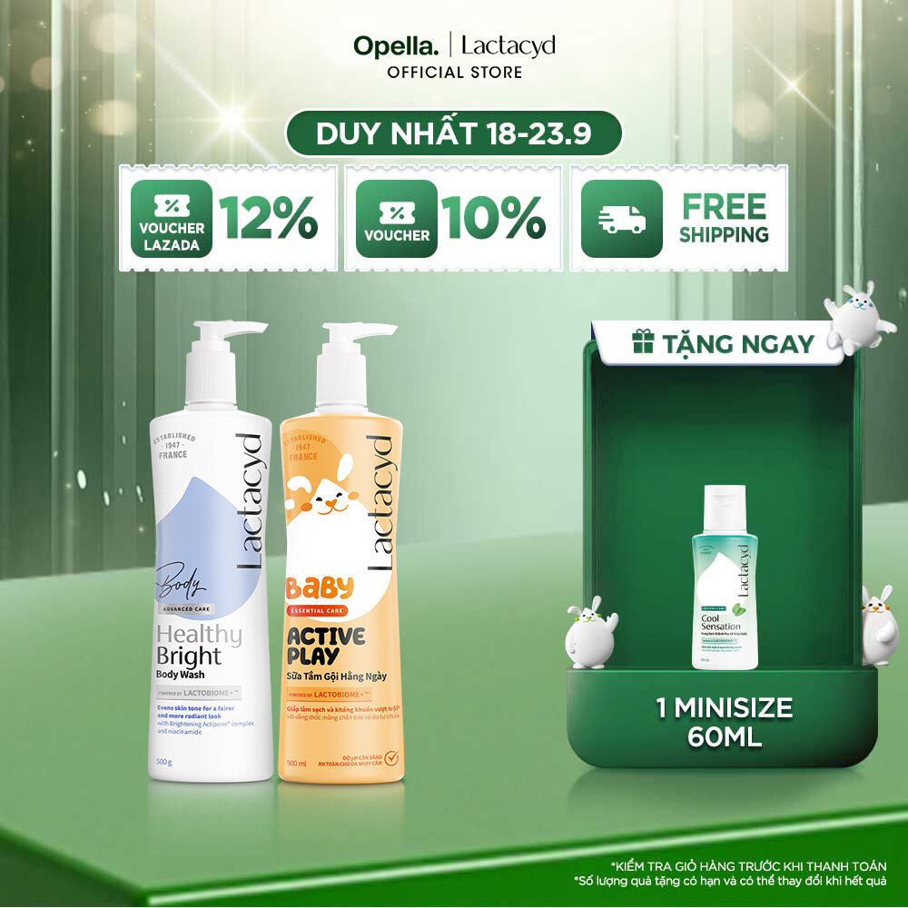 Bộ 1 Sữa tắm Lactacyd Healthy Bright làm đều màu da, mang lại làn da sáng khỏe, rạng rỡ và tự tin + 1 Sữa Tắm Gội Trẻ em Lactacyd Baby Active Play 500ml