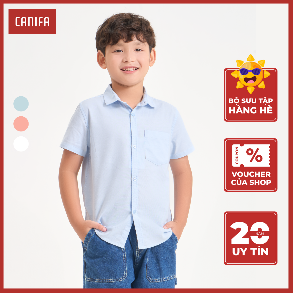 Áo sơ mi bé trai canifa cotton cộc tay 2th24a001