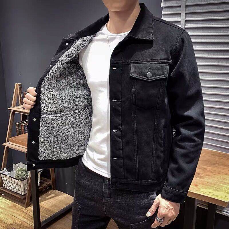Mùa Đông Dày Dặn Lông Cừu Lót Thoải Mái Rộng Rãi Fit Denim Áo Khoác Nam Thời Trang, Sành Điệu Phong Cách Hàn Quốc Quá Cỡ Đa Năng Denim Áo Khoác