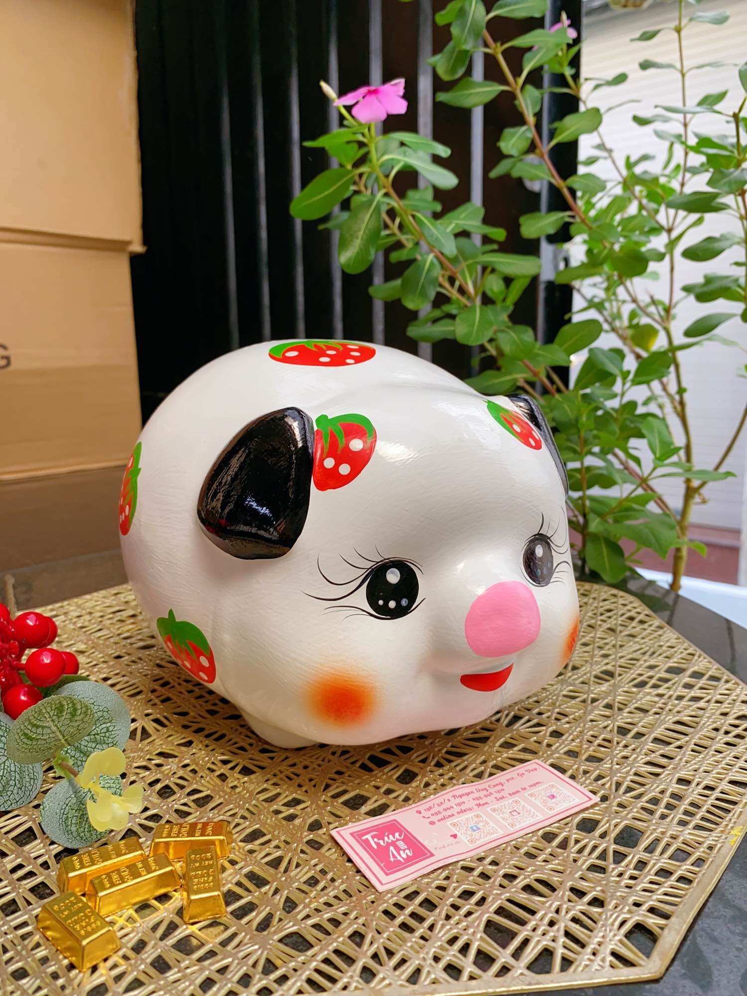 🍓 Heo đất Búp Bê dâu tây, ống tiết kiệm chất liệu thạch cao, hàng sơn nước