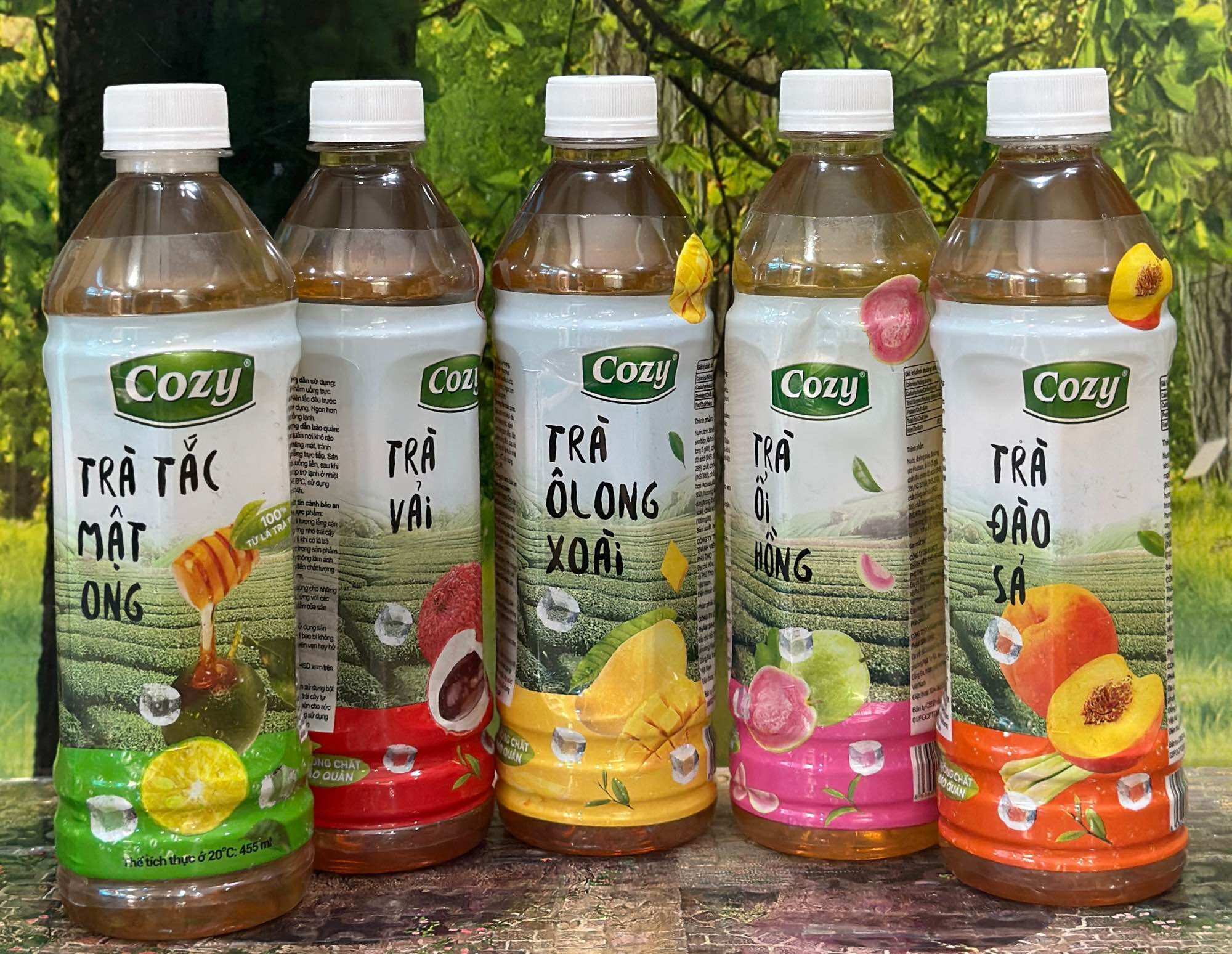 Combo 5 Chai Trà Cozy Đào Sả/Tắc Mật Ong/Vải/Trà Ổi /Ô Long Xoài(5 Chai *445ml)