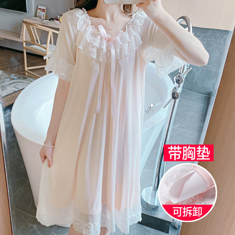 TOP★Váy Ngủ Váy Ngủ Nữ Mùa Hè Vải Ren Vải Modal Lụa Băng Ngọt Ngào Phong Cách Công Chúa Tiên Nữ Cung Đình Có Đệm Ngực Váy Ngủ 926