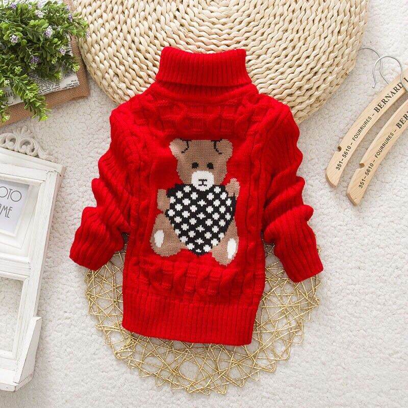 Áo len vặn thừng cao cổ siêu ấm hình gấu cho bé