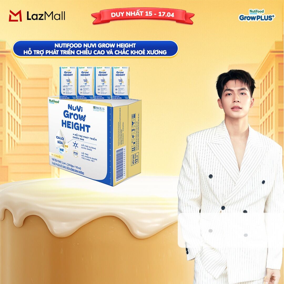 Thùng 24 hộp Sữa Nước Pha Sẵn Nuvi Grow Height vị chuối + hỗ trợ phát triển chiều cao hộp 110ml - Trên 1 tuổi