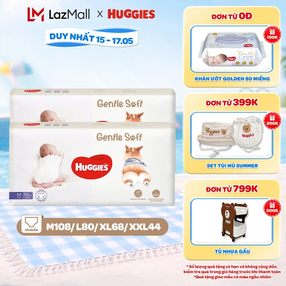 Combo 2 Tã quần Huggies Gentle Soft - Corgi M54/L40/XL34/XXL22 miếng êm mềm nâng niu làn da bé