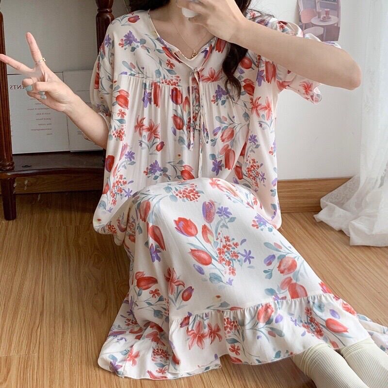 Đầm lanh lụa mặc nhà siêu mềm mát, freesize bầu bí thoải mái bon chen