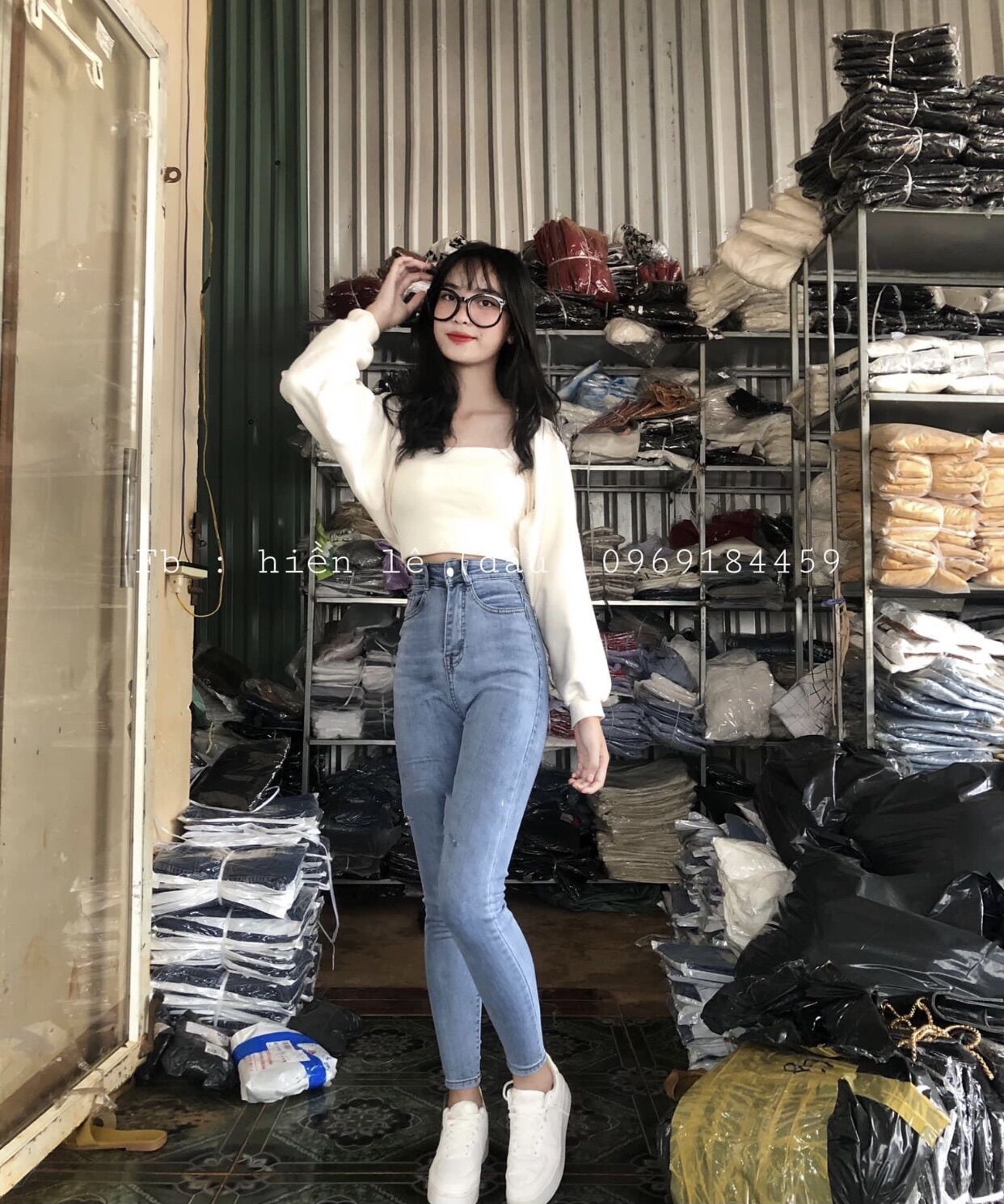 Set Jeans Dài Lưng Cao Trơn + Set 2món áo khoác cánh dơi