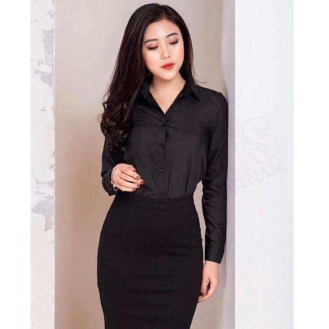 Áo sơ mi nữ công sở cổ đức dài tay dáng suông Hở khuy (Màu Trắng)