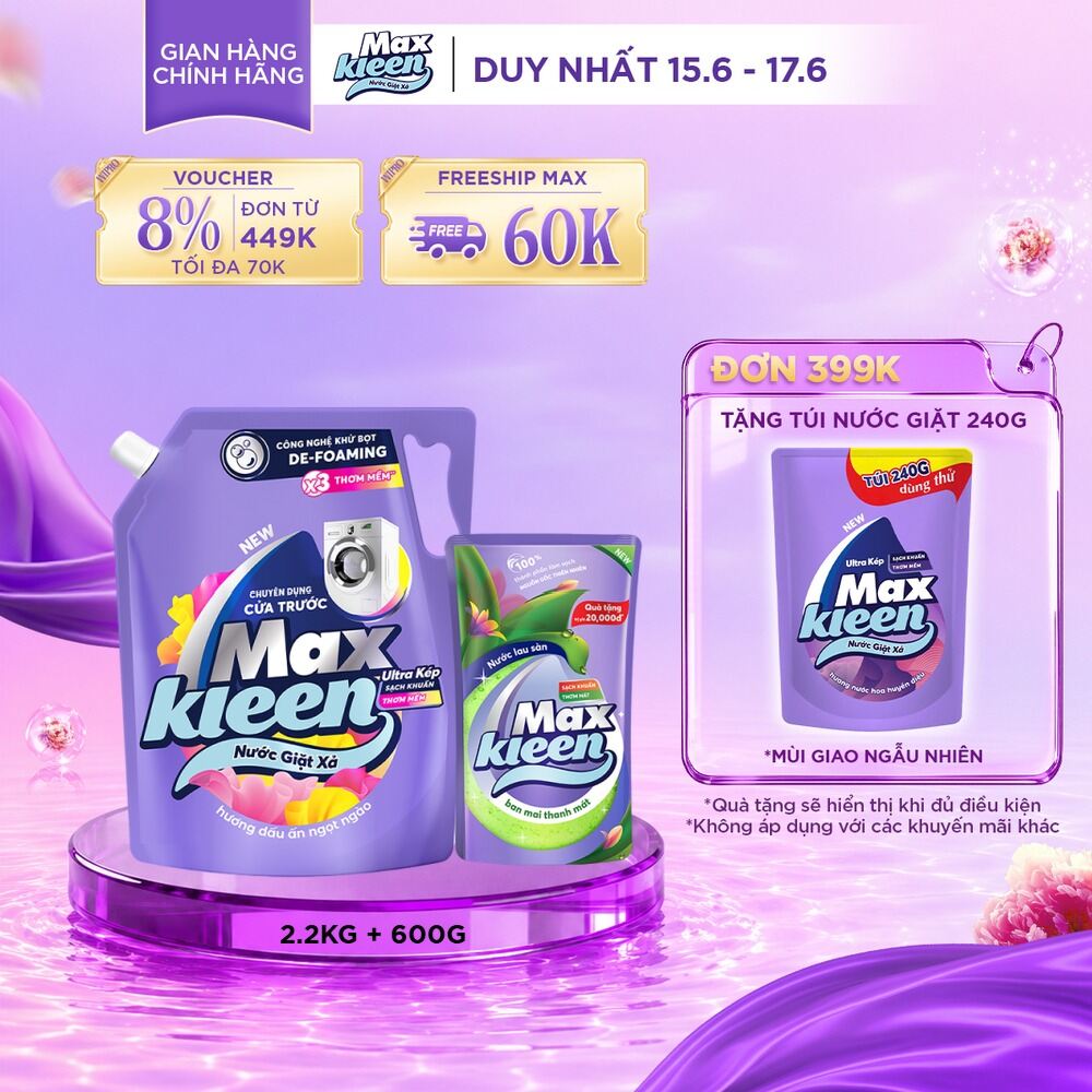 [Tặng kèm Túi lau sàn 600g] Nước giặt xả cho máy giặt cửa trước MaxKleen hương Dấu Ấn Ngọt Ngào 2.2kg