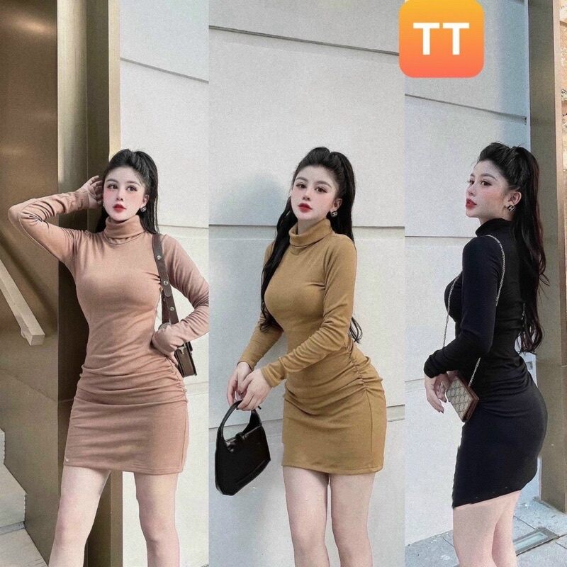 đầm body cổ cao tay dài chất thun gân