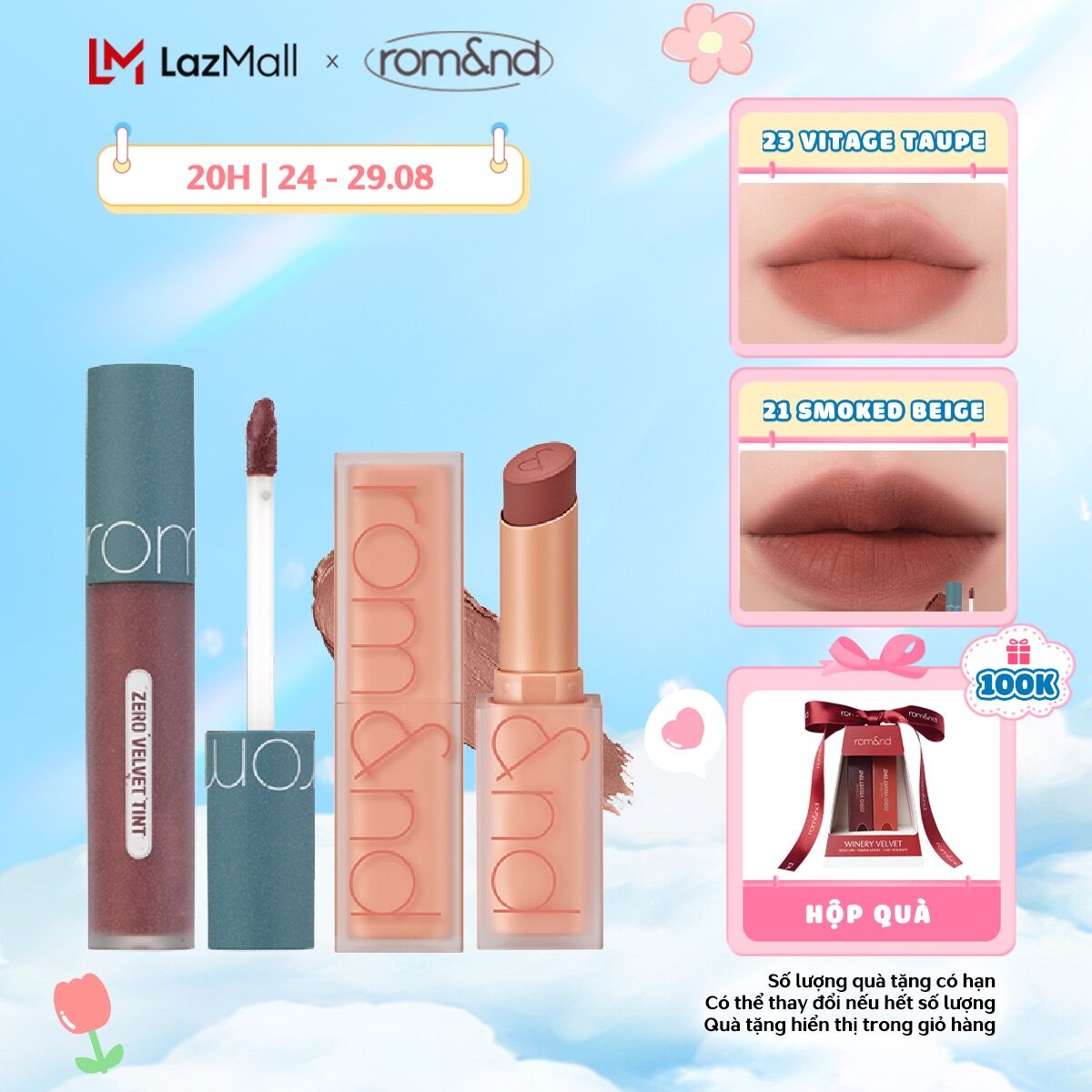Combo Son kem lì Romand Zero Velvet Tint + Son Thỏi Romand Zero Matte Lipstick