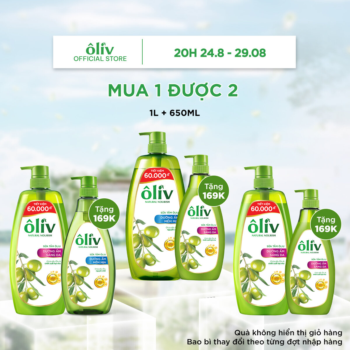 Combo sữa tắm ôliv dưỡng ẩm 1l + tặng sữa tắm ôliv dưỡng ẩm mềm mịn 650ml