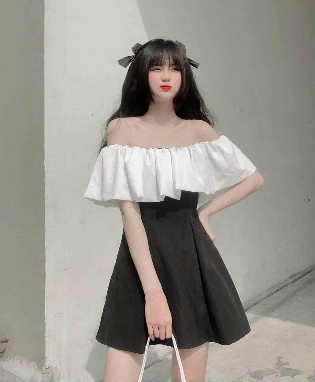 Váy Trễ Vai Nơ Lưng To Mùa Đen Vai Trắng Ulzzang Hàn Quốc Đầm Nữ Bánh Bèo   Shopee Việt Nam