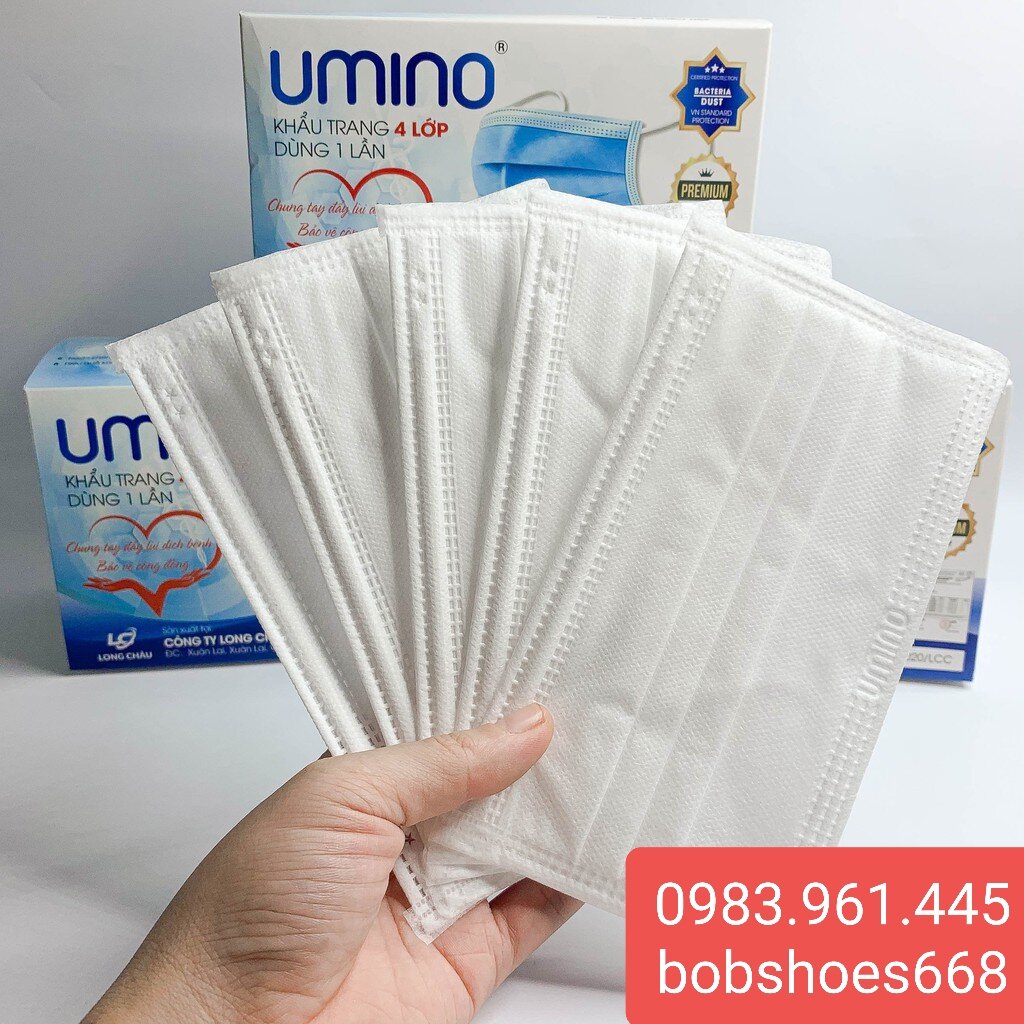 Hộp 50 chiếc Khẩu trang y tế 4 lớp UMINO màu trắng dày dặn
