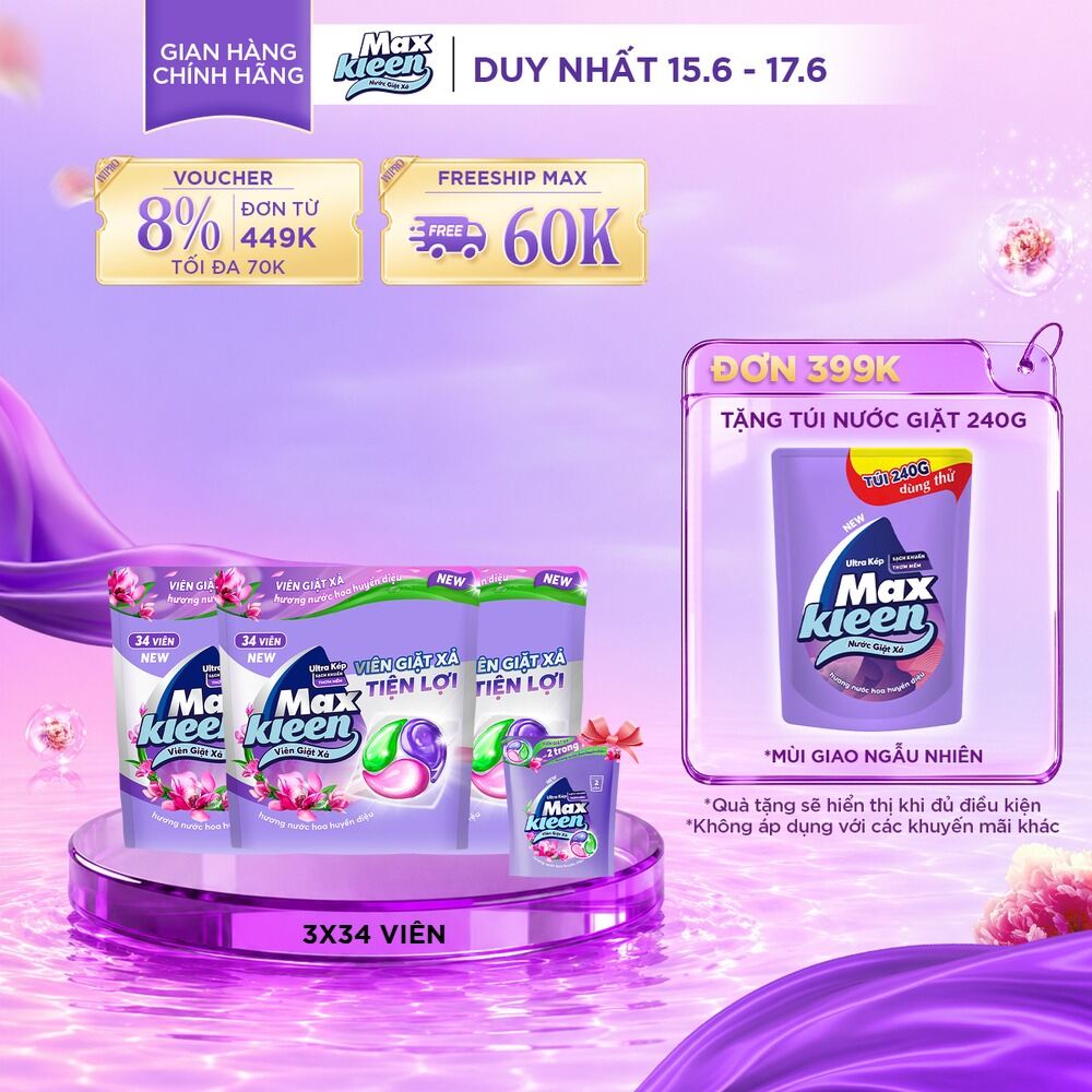 Combo 3 Túi Viên Giặt Xả MaxKleen  Hương Nước Hoa Huyền Diệu (Túi 34+4 Viên)