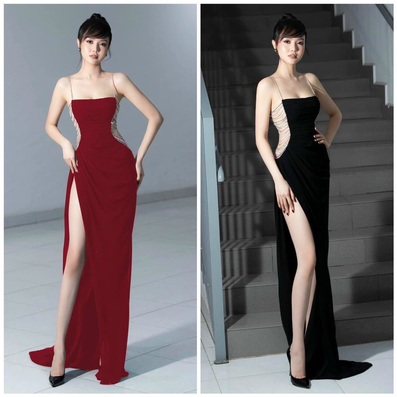 Đầm dự tiệc hai dây khoét eo đính pha lê xẻ đùi sang trọng - Iris