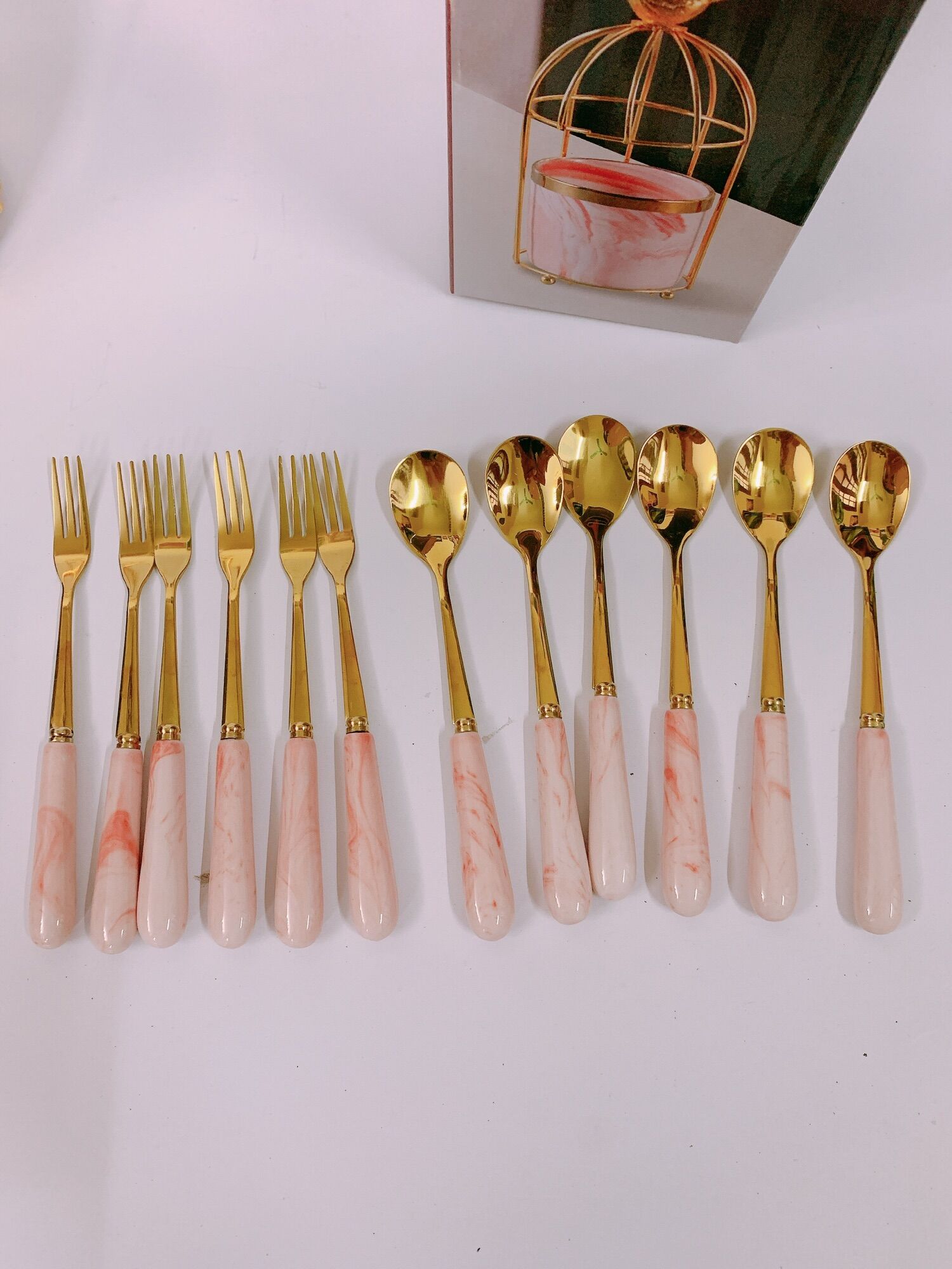 Dĩa thìa hoa quả inox cán sứ vân đá cẩm thạch