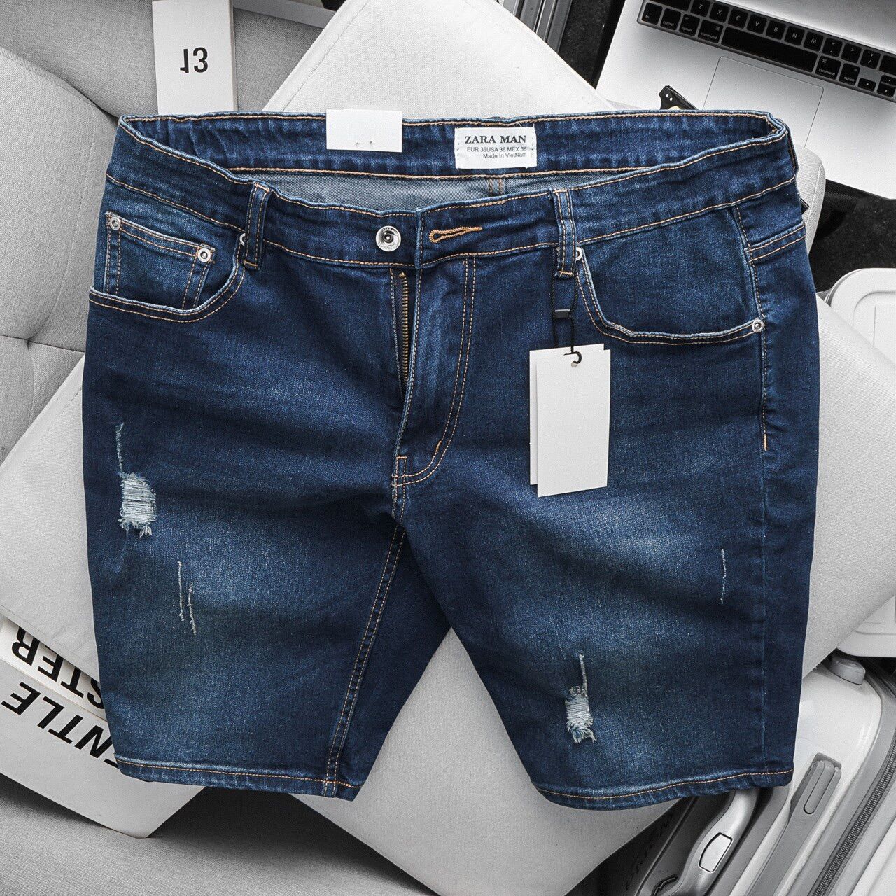 Quần Short Jean Nam slimfit ôm côn màu bạc xanh co giãn vnxk co cấp