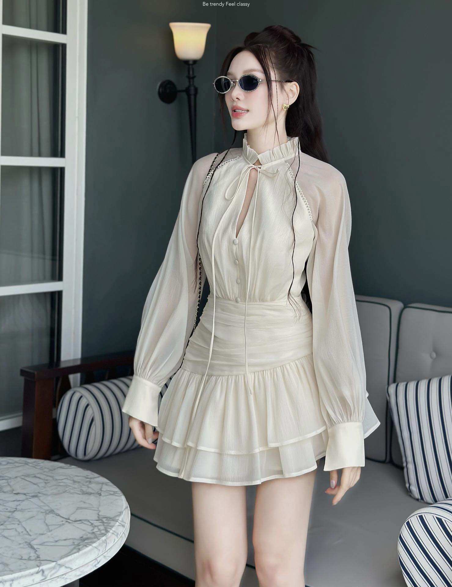 Váy voan xốp dáng xoè ngắn tay dài