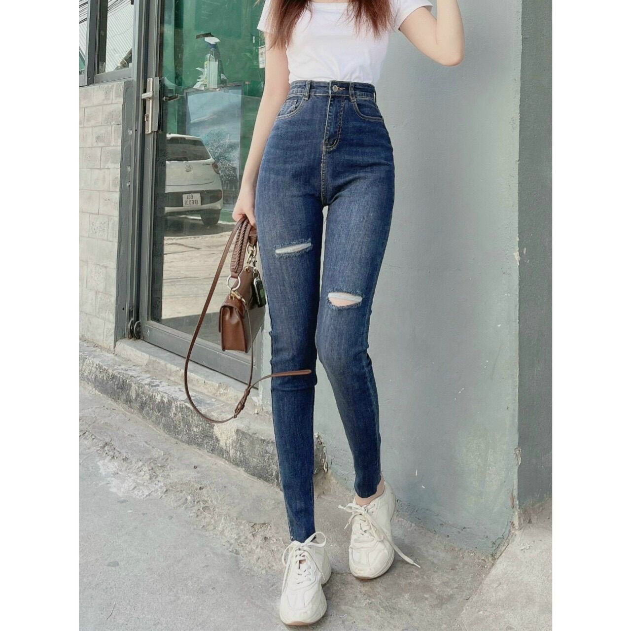Jeans dài lưng cao co giãn rách PT