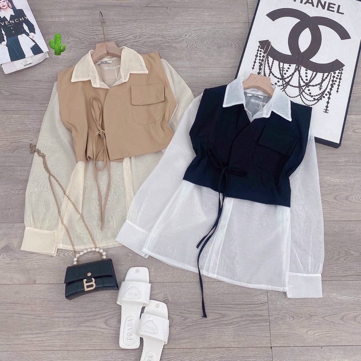 Áo sơ mi đôi kèm vest túi ngực
