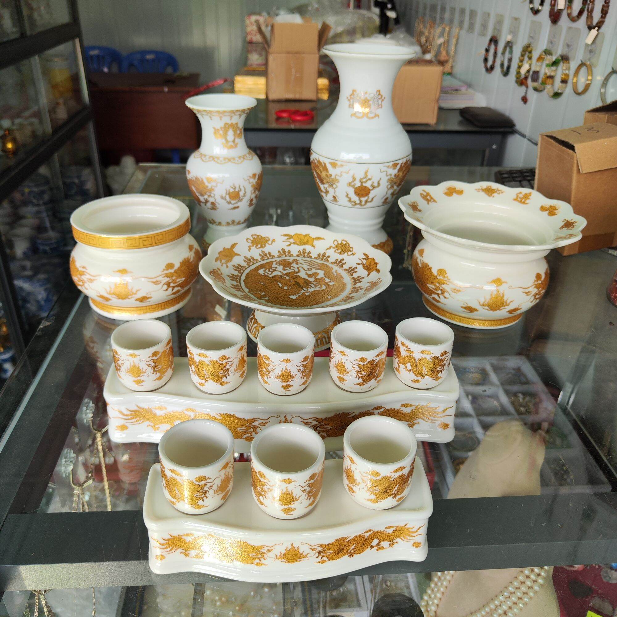 Bộ thờ cúng lư hương, bát nhang, bình hoa, áng 5, áng 3 trắng rồng vàng