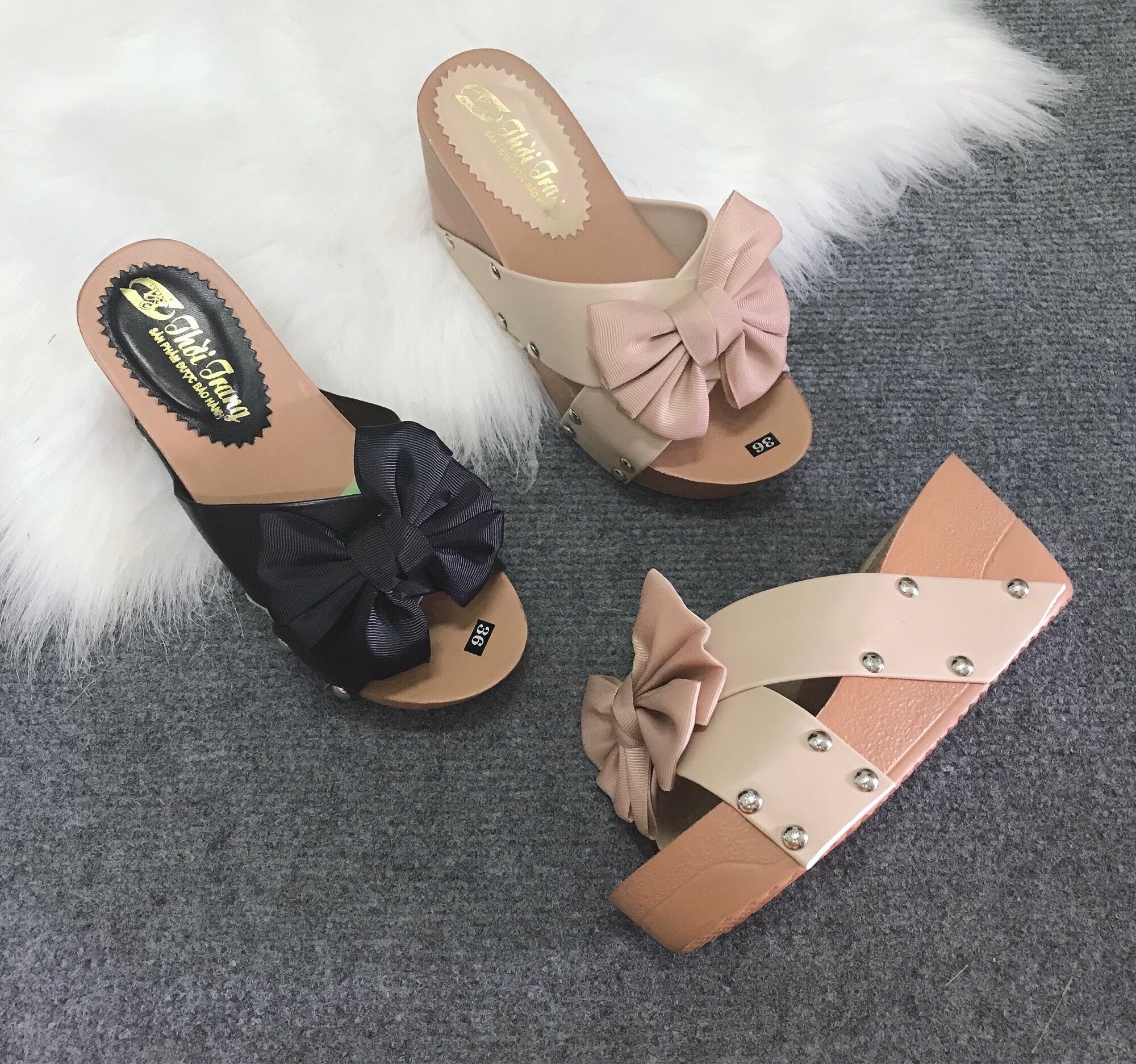 Dép nữ đế xuồng gắn nơ 7cm form nhỏ