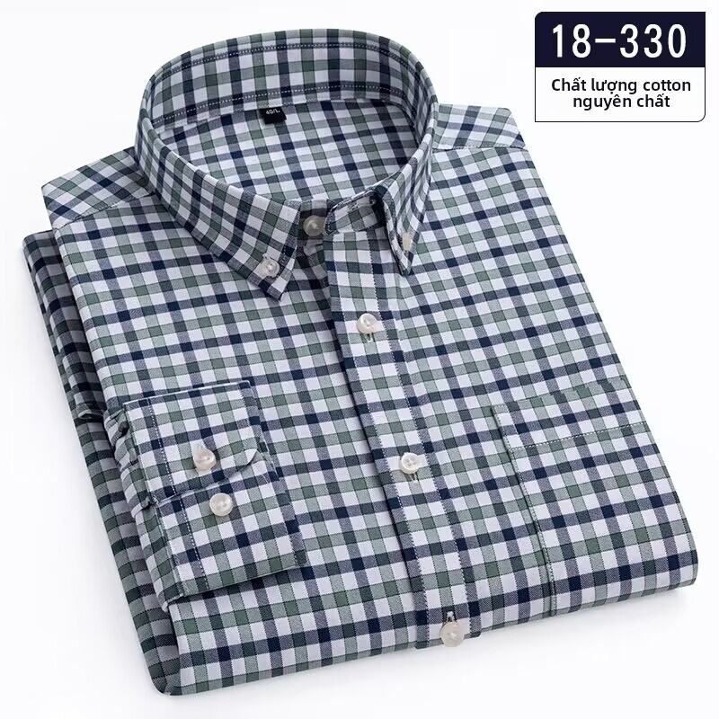 Áo Sơ Mi Nam Tay Dài Cotton Nguyên Chất Mùa Xuân Mới Áo Sơ Mi Nam Thường Ngày Kẻ Caro Nhỏ Phong Cách