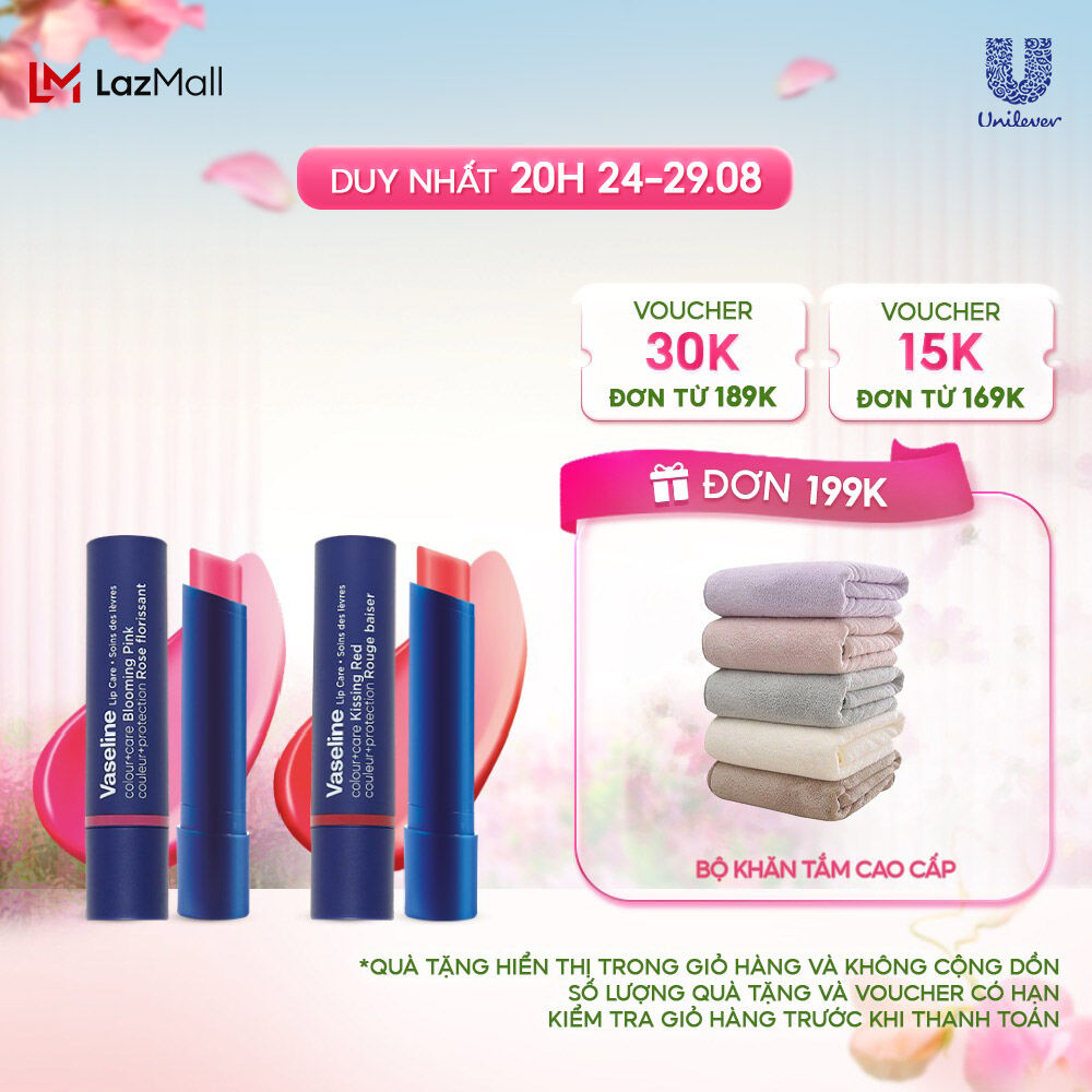 Combo 2 Son dưỡng môi Vaseline Colour+Care Blooming Pink & Kissing Red 3g