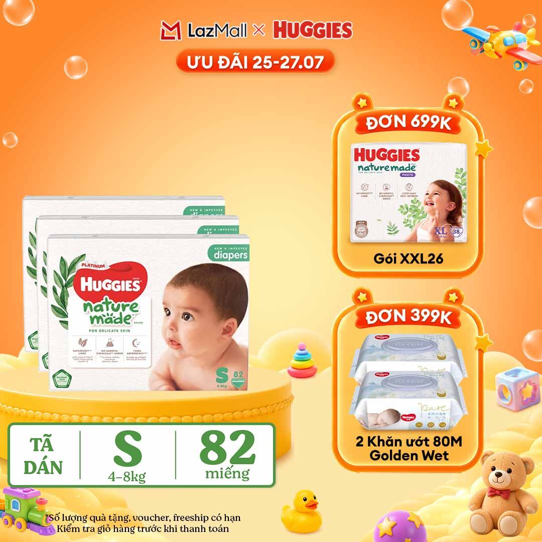 [25-29.7 QUÀ TẶNG ĐƠN 399K] Combo 3 Tã/Bỉm dán sơ sinh Huggies Platinum NatureMade S82 (4-8kg)-Gói Super Jumbo 82 miếng