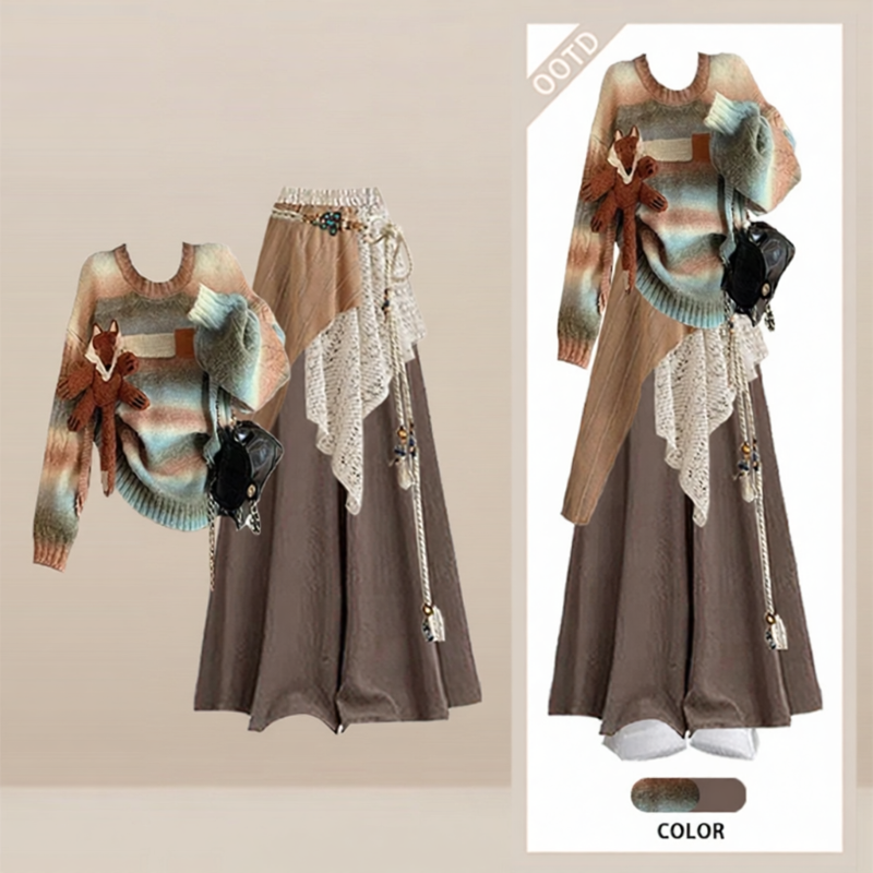 YNY | Bộ Knit Retro Có Viền Ren Degrade