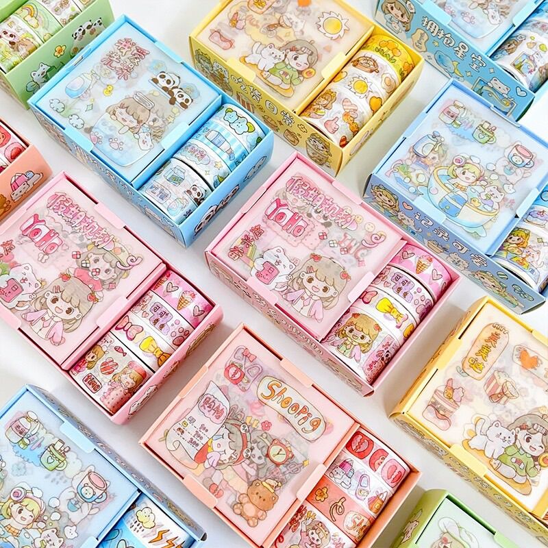 Hộp 4 tấm sticker và 4 cuộn washi