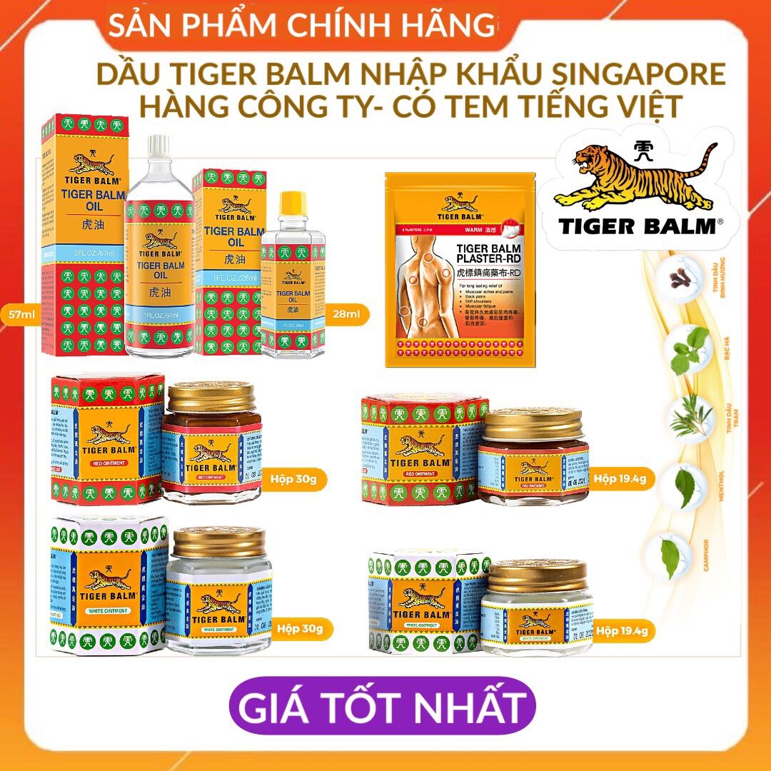 Dầu tiger balm nhập khẩu singapore chính hãng-cao dán/cù là/ dầu nóng- tem tiếng việt