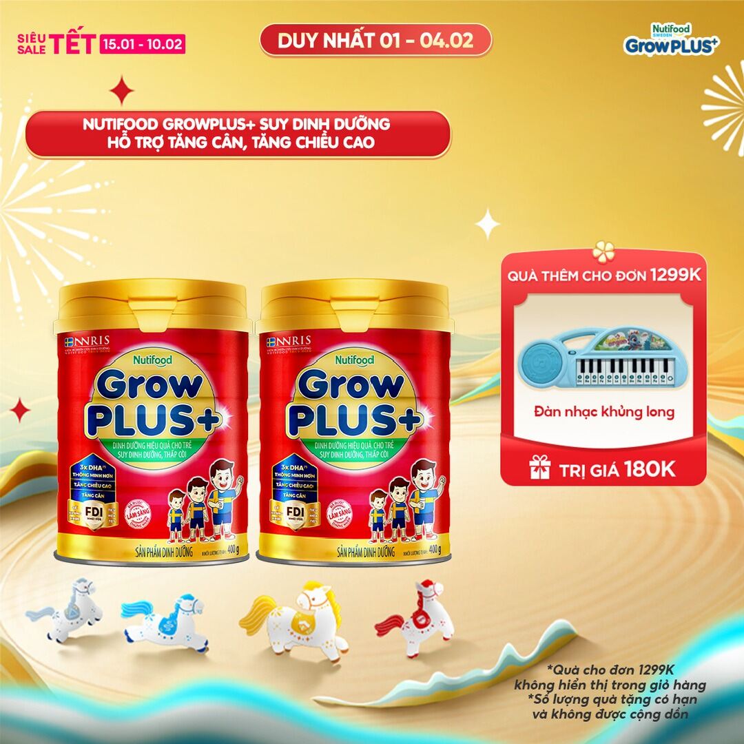 Combo 2 Sữa Bột Nutifood GrowPLUS+ Suy Dinh Dưỡng 400g - Hỗ Trợ Tăng Cân Tăng Chiều Cao -  (2 Lon x 