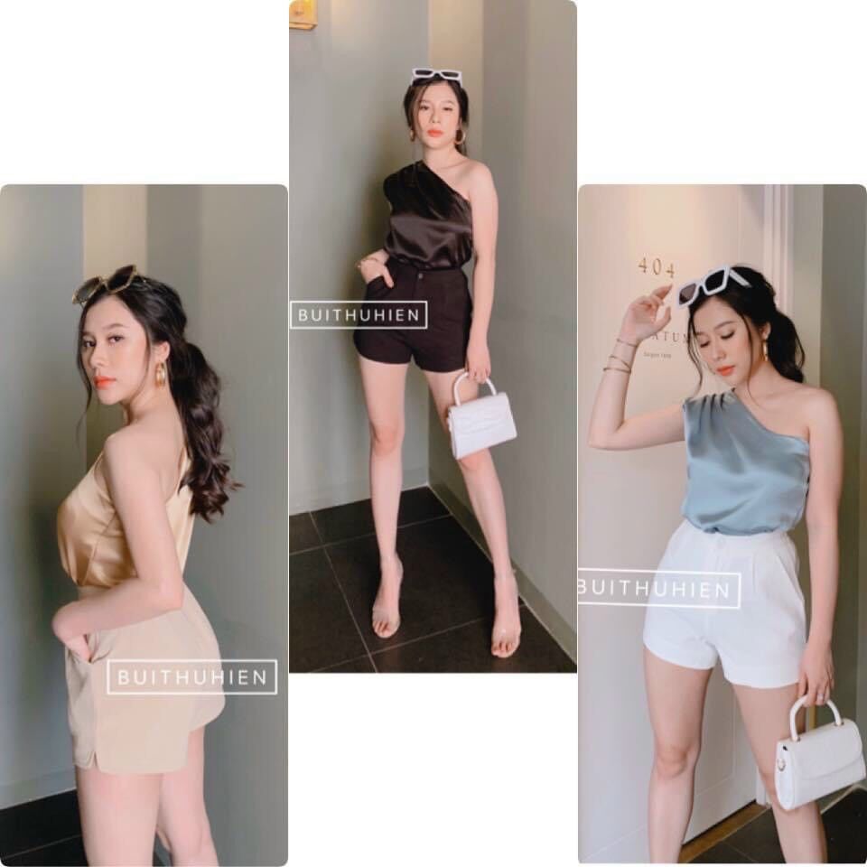 Áo kiểu lệch vai sát nách phi lụa sang chảnh